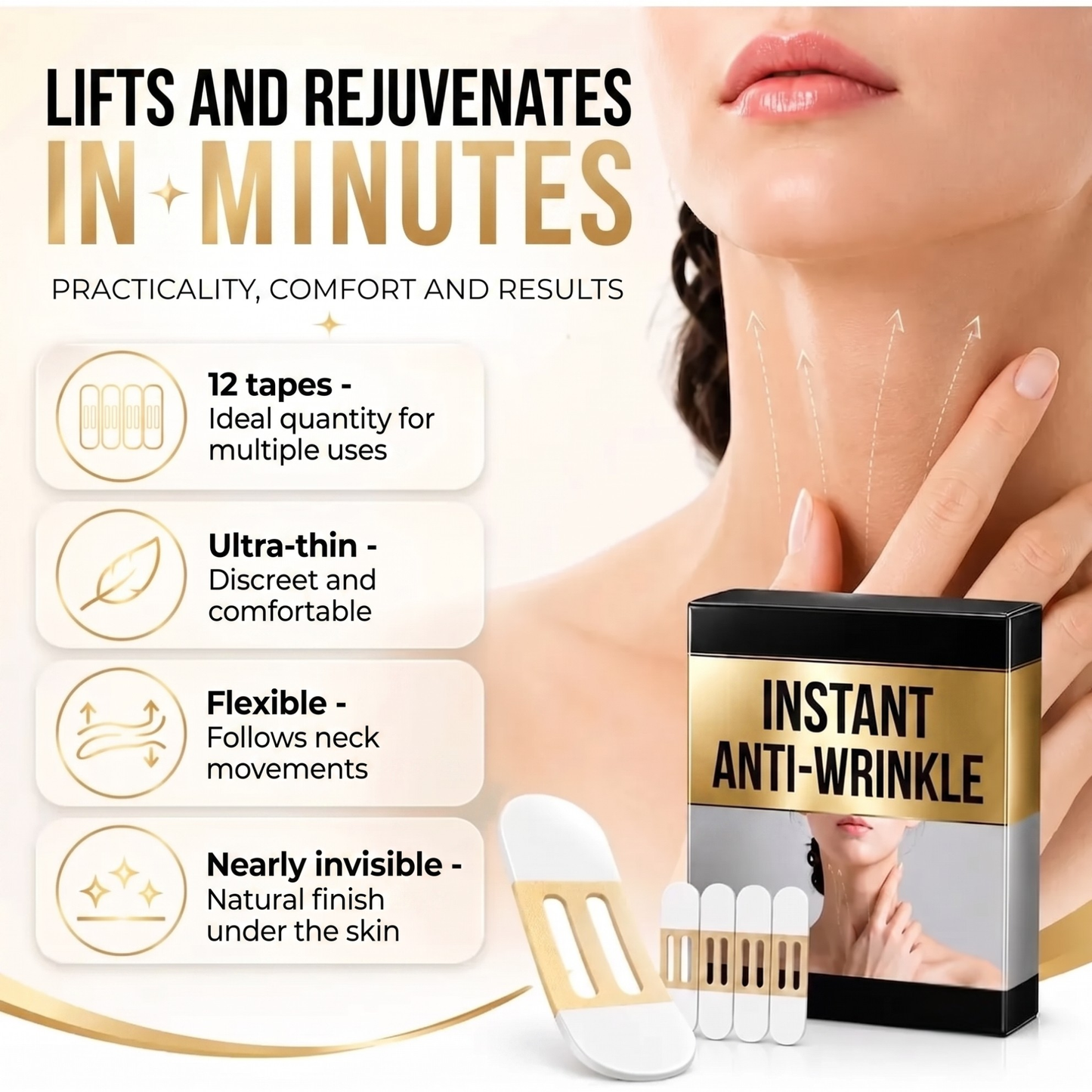Invisible Neck & Jawline Lift Strips - Instant Contour Effect - 60 Strips + Hairstyle Guide
